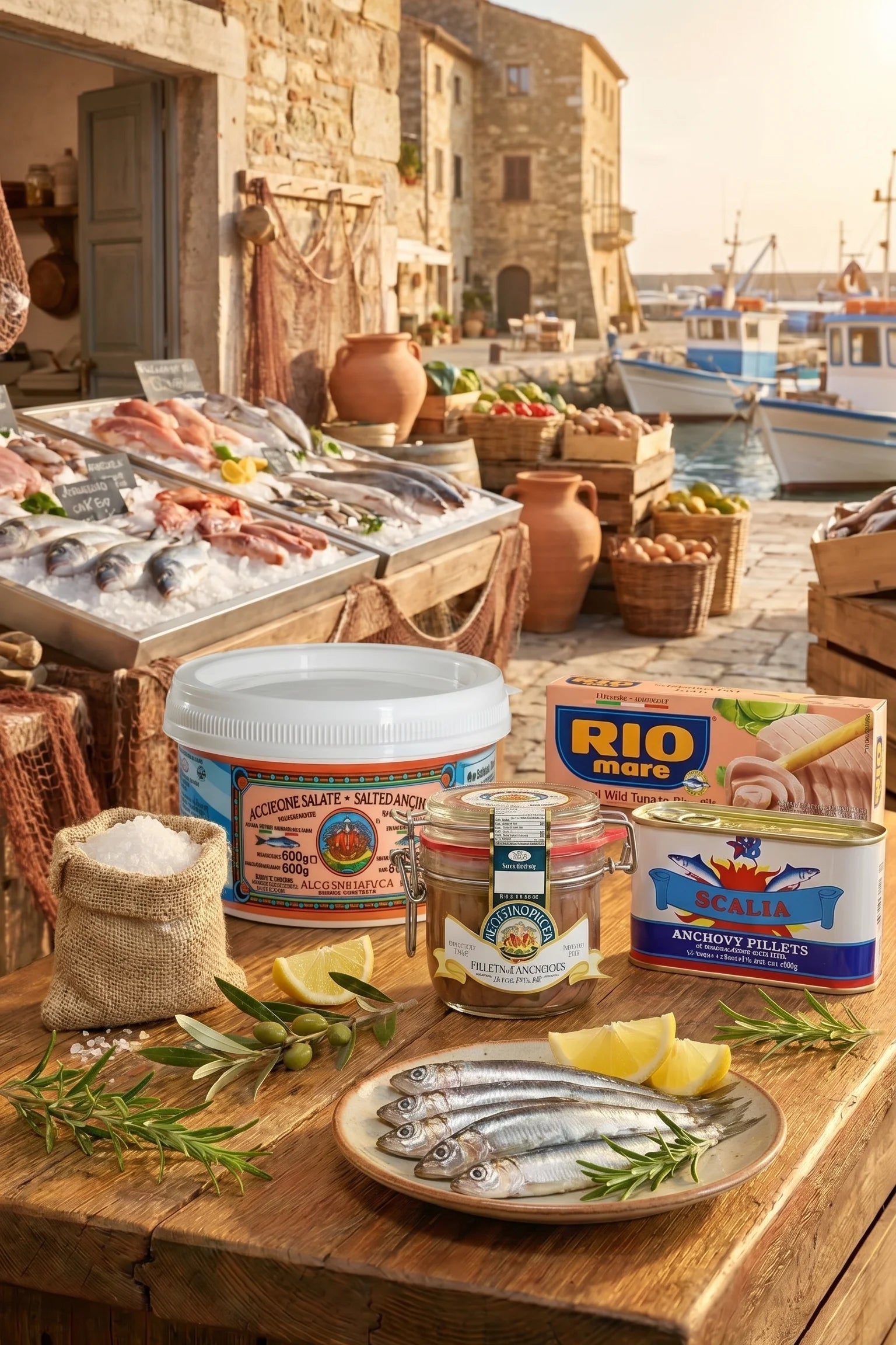 Table with fish and Rio Mare products by a waterfront with boats and buildings.