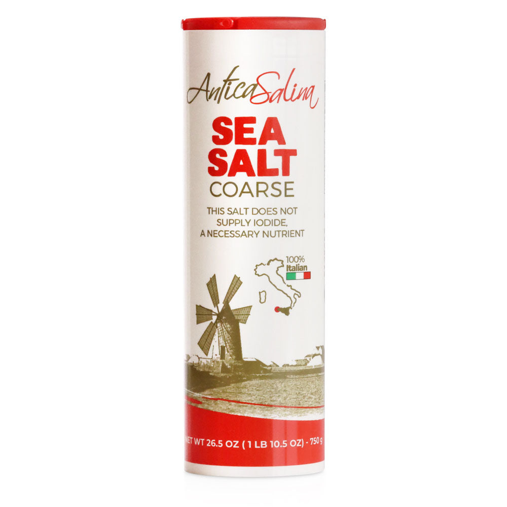 Canister of Antica Salina coarse sea salt on a white background