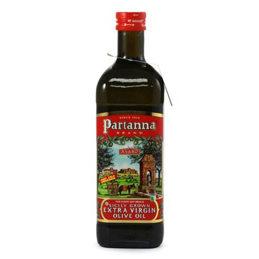 Bottle of Partanna brand extra virgin olive oil on a white background