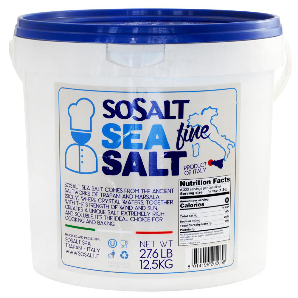White container of SOSalt Sea Salt with blue lid and label on a white background