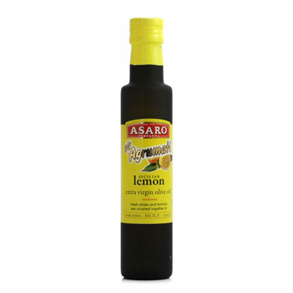 Bottle of Asaro Sicilian Lemon olive oil on a white background