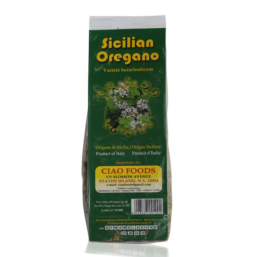 Green package of Sicilian Oregano with Ciao Foods branding on a white background