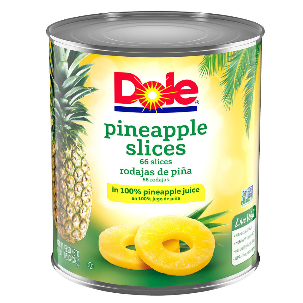 Can of Dole pineapple slices on a white background