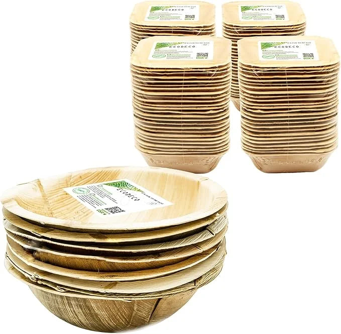 Square Palm Leaf Bowls (17 oz) – 100-Pack & Large Round Serving Plates (40 oz) – 10-Pack Eco-Friendly Disposable Party Set