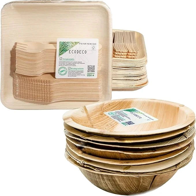 8-Inch Square Palm Leaf Plates with Wooden Cutlery & Large Serving Bowls – Eco-Friendly Disposable Party Set