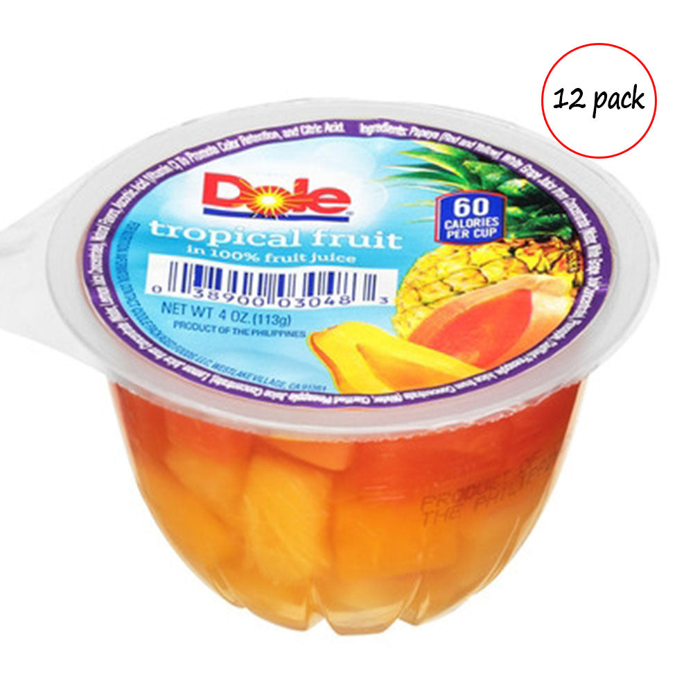Dole tropical fruit cup with a 12 pack label on a white background