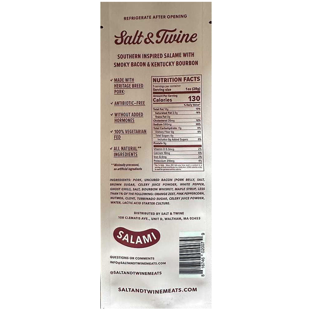 Salt & Twine Uncured Bacon & Bourbon Salami – Small Batch, 5 oz