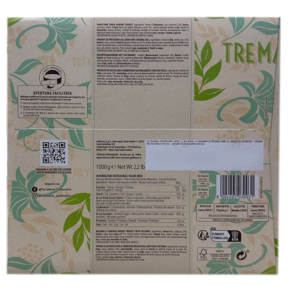 Tre Marie Panettone Senza Canditi - Italian Sweet Bread 2.2 lbs