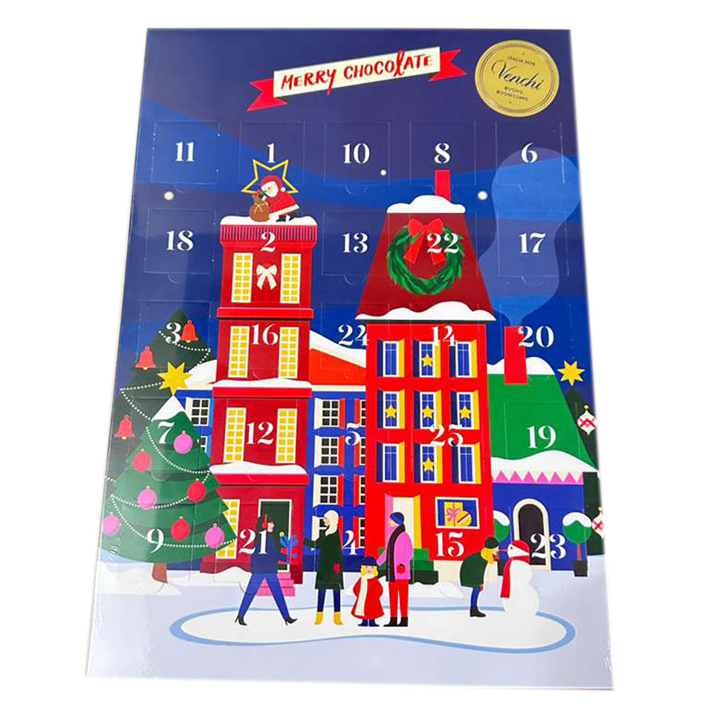 Advent calendar with festive design of buildings and people, featuring the brand 'Merry Chocolate'.