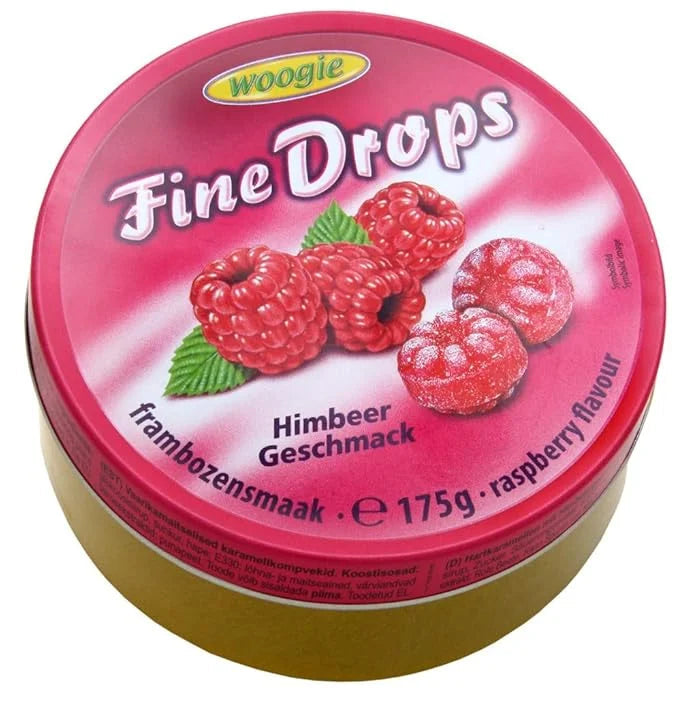 Woogie Fine Drops Raspberry Candy – Classic Fruit Drops in Tin, 175g
