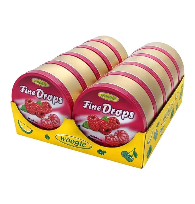 Woogie Fine Drops Raspberry Candy – Classic Fruit Drops in Tin, 175g