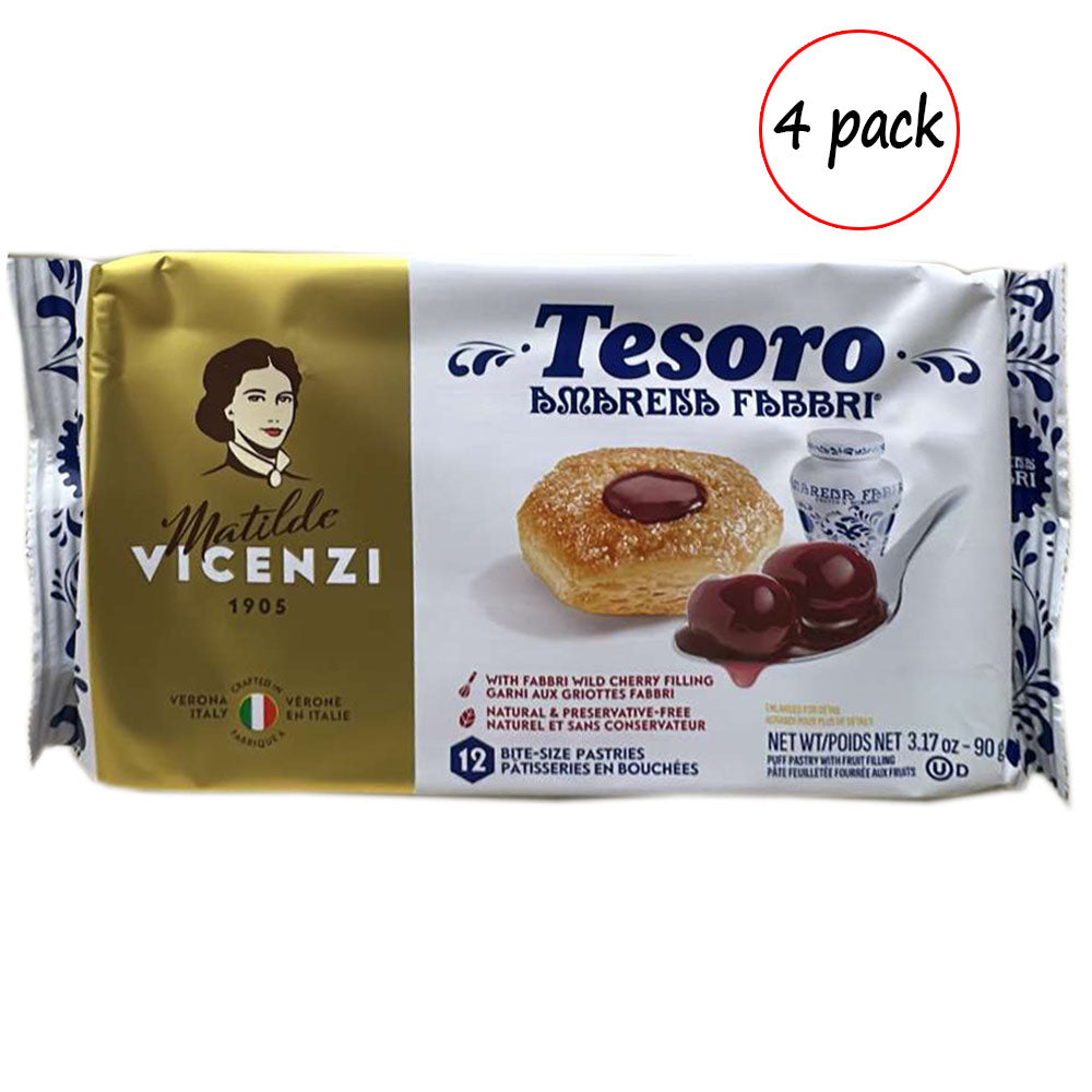 Vicenzi Tesoro Amarena Puff Pastry with Cherry Filling 3.17 oz (4 Pack)